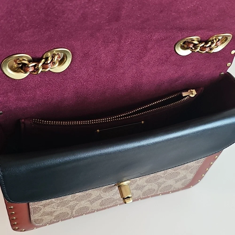 Coach Tea Rose handbag.  Chic Black and Brown Designer Handbag with Gold Chain - Picture 6 of 10